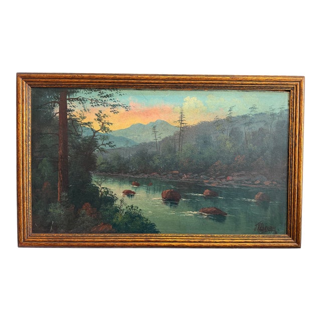 Vintage Oil Painting of Mountain Scene at Dusk For Sale