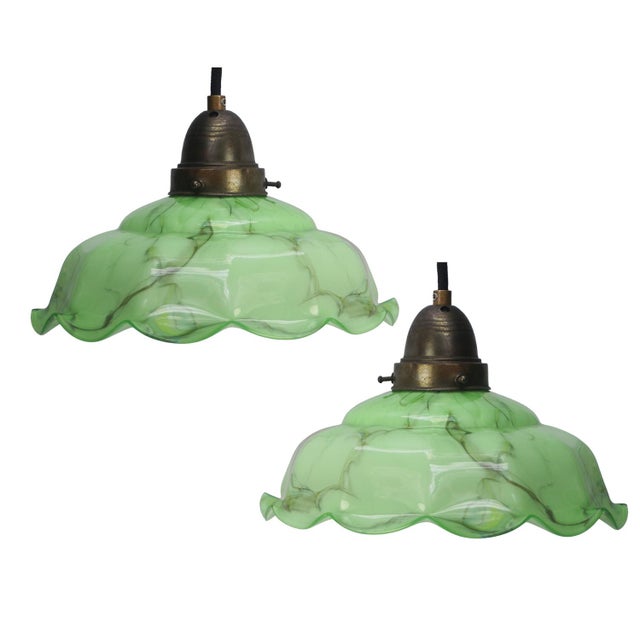 French Green Clichy Marble Patern Glass Pendant Lamp, 1920s, Set of 2 For Sale - Image 9 of 9