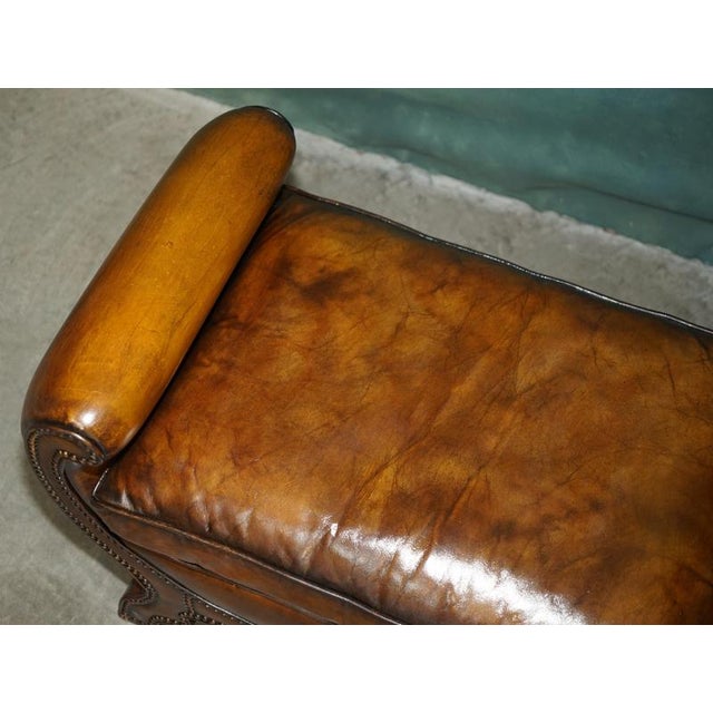 Early 20th Century Antique Edwardian Sculptural Leather Scroll End Ottomans, 1910, Set of 2 For Sale - Image 5 of 18