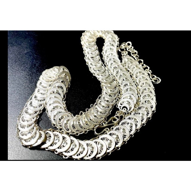 Art Nouveau Sterling Silver Fine Filagree Articulated Disc Necklace by Amaree For Sale - Image 3 of 4