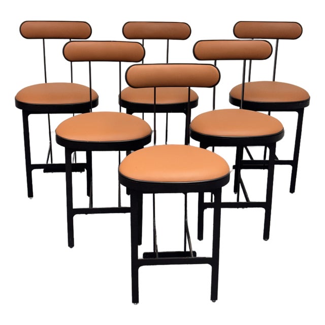 Michael Oren Design Custom Porter Place Style Swivel Faux Leather Counter Stools, Set of Six For Sale