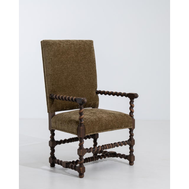 19th Century Louis XIII Style Wooden Throne Chair with Upholstery Mustard For Sale - Image 12 of 15
