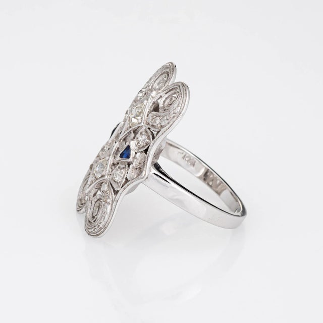 Vintage Art Deco Diamond Sapphire Ring 14k White Gold Filigree 6 Dinner Jewellery size 6 For Sale - Image 4 of 7