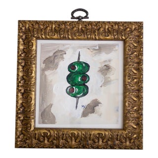 Small Original Signed Painting of Martini Olives in Italian Giltwood Frame For Sale
