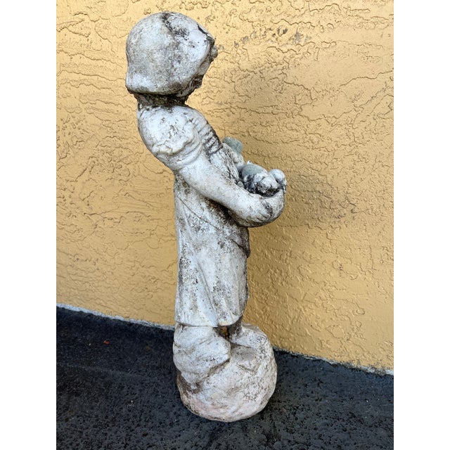 Early 20th Century Vintage Concrete Garden Statue, Girl With Puppies in Basket For Sale - Image 5 of 6