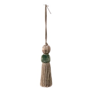 Aqua and Taupe Satin Beaded Key Tassel With Cut Velvet Detail For Sale