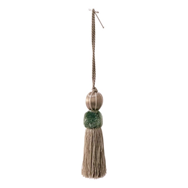 Aqua and Taupe Satin Beaded Key Tassel With Cut Velvet Detail For Sale