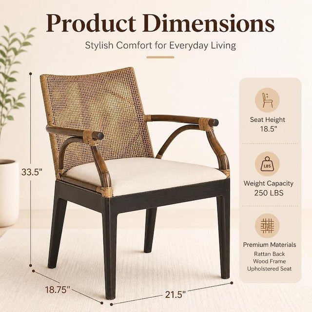 Mid-Century Modern Rattan Arm Chair, Solid Mahogany Frame, Woven Backrest, Cotton Cushion, Tropical Accent Chair For Sale - Image 3 of 12