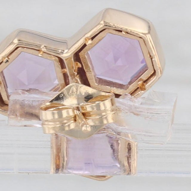 New Amethyst Hexagon Cluster Stud Earrings 14k Yellow Gold - 2 Pieces For Sale - Image 4 of 5