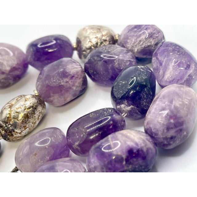 Gemstone Necklace Massive Semi Frosted Unique Cut Amethyst With Solid Silver Pyrite Accent Beads For Sale - Image 4 of 5
