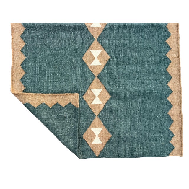 Handmade New Zealand Wool Dhurrie Runner, Turquoise Blue, Cream and Beige Diamond Runner Rug - 3'x10' For Sale - Image 10 of 14