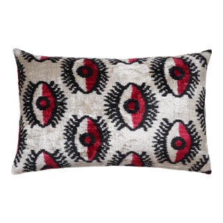 Hand-Knotted Silk Velvet "Evil Eye" Ikat Lumbar Pillow - 16x24 Red & Beige For Sale