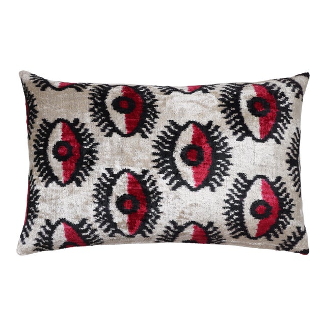 Hand-Knotted Silk Velvet "Evil Eye" Ikat Lumbar Pillow - 16x24 Red & Beige For Sale