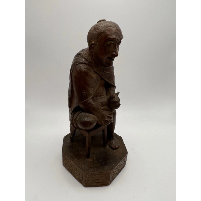 Antique Japanese Wood Carving of a Man With Cat For Sale In Chicago - Image 6 of 12