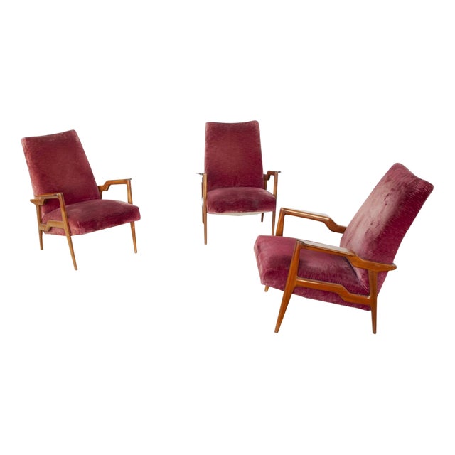 Armchairs in Curved Wood with Burgundy Velvet Upholstery by Osvaldo Borsani, 1960s, Set of 3 For Sale