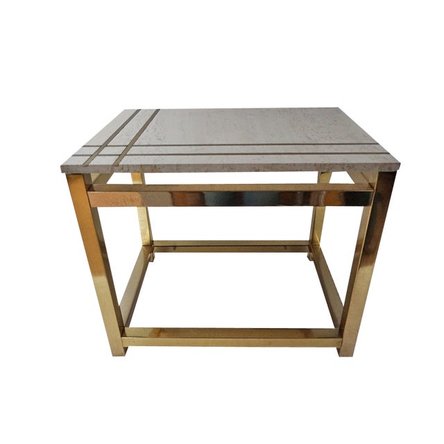 Travertine and Gold Side Table by Maison Jansen Alain Delon for Mario Sabot, 1970s For Sale