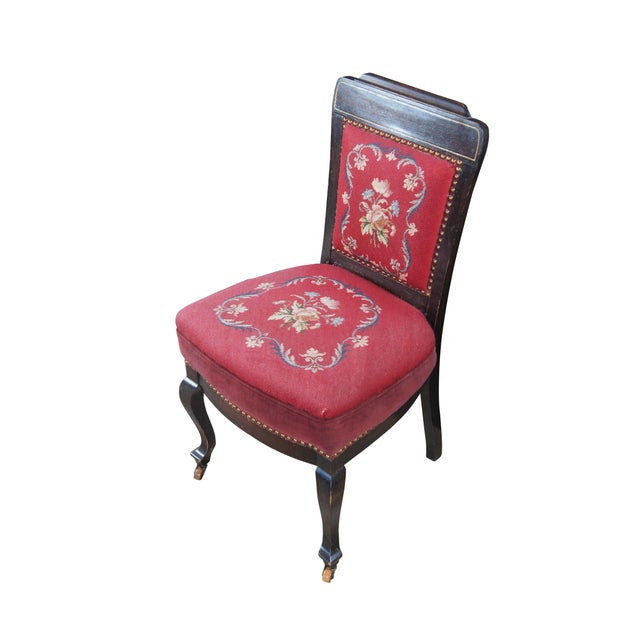English Antique English Edwardian Mahogany Needlepoint Nailhead Parlor Vanity Desk Chair For Sale - Image 3 of 12