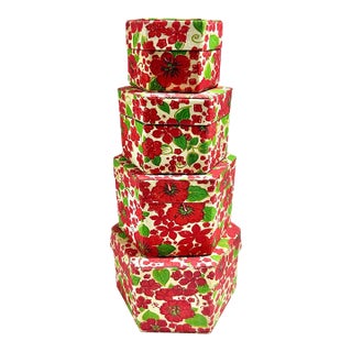 Antique Floral Nesting Boxes – Textile Covered Folk Art Storage Boxes, Early 20th Century (Set of 4) For Sale