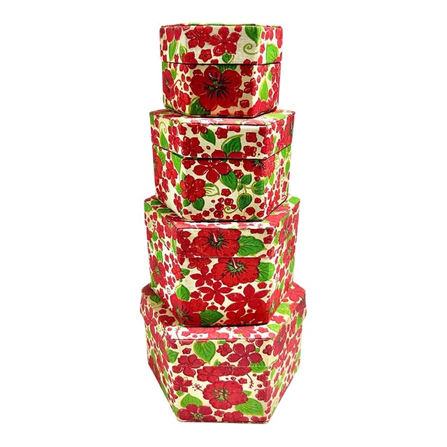 Antique Floral Nesting Boxes – Textile Covered Folk Art Storage Boxes, Early 20th Century (Set of 4) For Sale