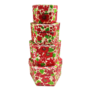 Antique Floral Textile-Covered Nesting Boxes – Folk Art Storage Boxes, Set of 4