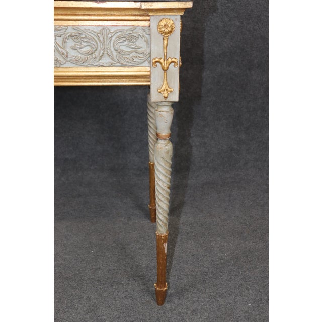 Stone Gorgeous Pair of Pietra Dura Marble Top Creme Painted Gilded Console Tables For Sale - Image 7 of 11