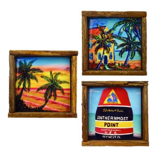 Hand Painted Tropical Rustic Coastal Southernmost Point Tile With Handmade Lobster Trap Wood Frame Wall Decor For Sale