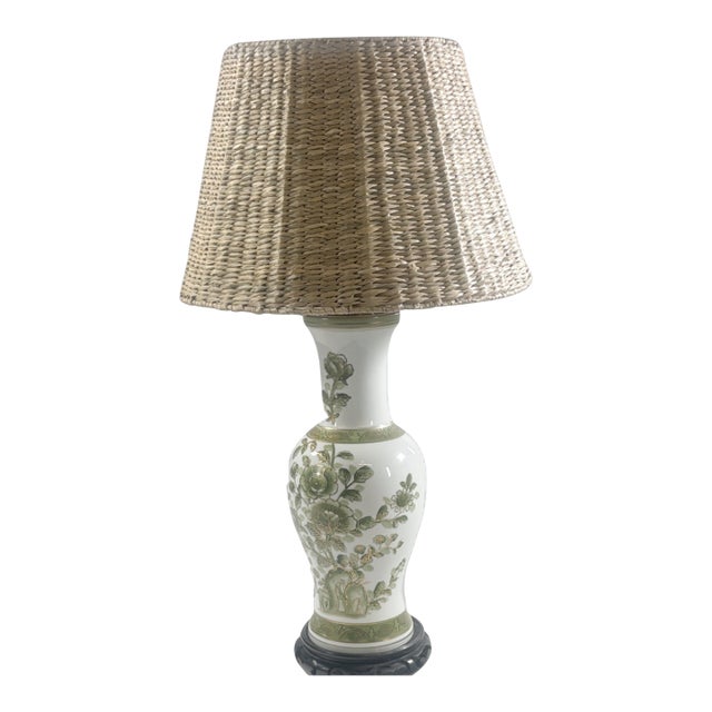 Chinoiserie Style White and Green Floral Ceramic Vase Lamp For Sale