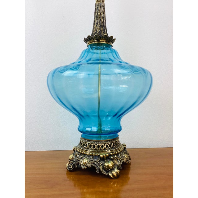 Vintage 1970s Tall Aqua Blue Glass & Brass Hollywood Regency Lamp & Shade For Sale - Image 9 of 9