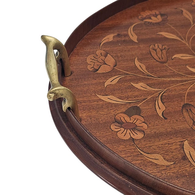 Coffee Monumental English Butler's Gallery Tray Edwardian Ornate Inlay Mahogany 27" For Sale - Image 8 of 14