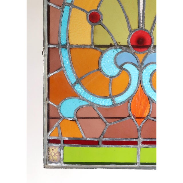 Metal Vintage Art Nouveau Vivid Stained Glass Hanging Panel For Sale - Image 7 of 11