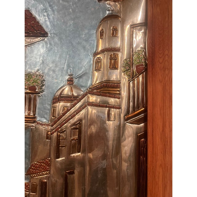 Vintage Mediterranean Village Embossed Metal Relief Wall Art Wood Framed European Scene, Mid Century For Sale In Washington DC - Image 6 of 8