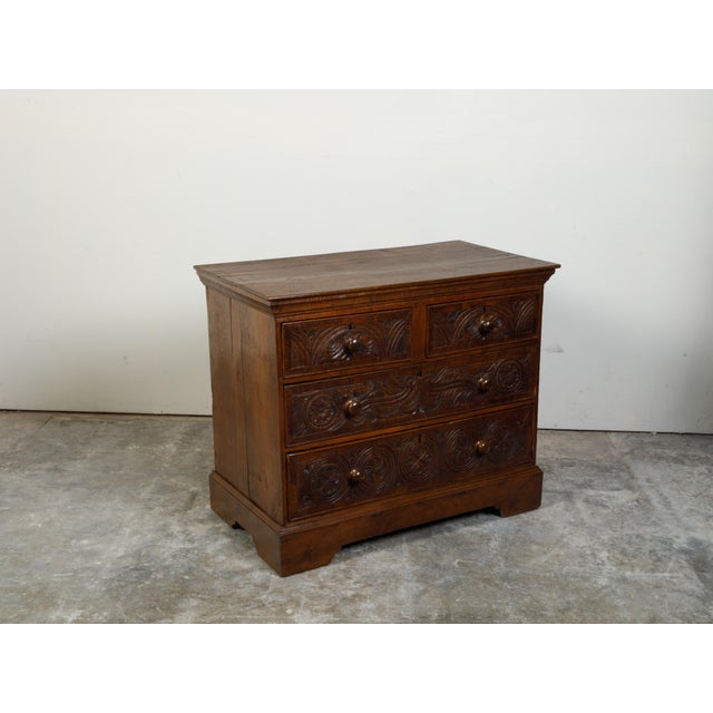 Wood English Georgian Period 1800s Oak Chest with Four Drawers and Carved Motifs For Sale - Image 7 of 12