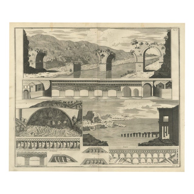 Bernard de Montfaucon, Ruined Roman Bridges, Timber Bridges and an Aqueduct, 1722, Engraving For Sale