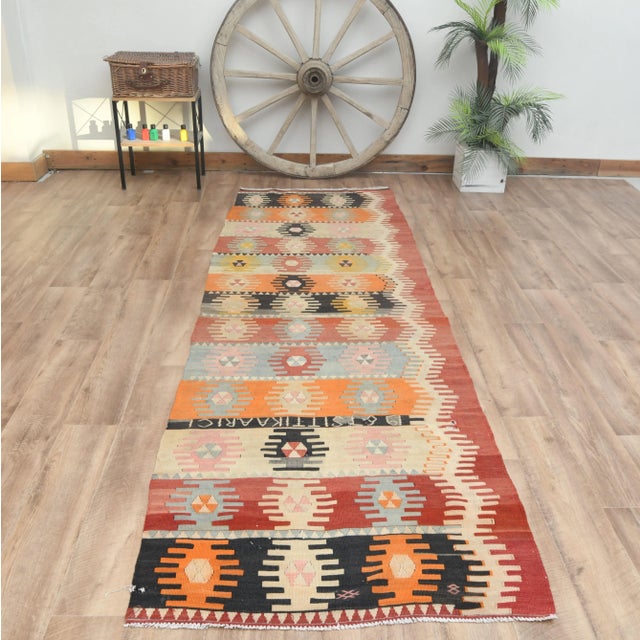 Textile 1970s Vintage Turkish Handmade Wool Cotton Orange Kilim Rug For Sale - Image 7 of 11