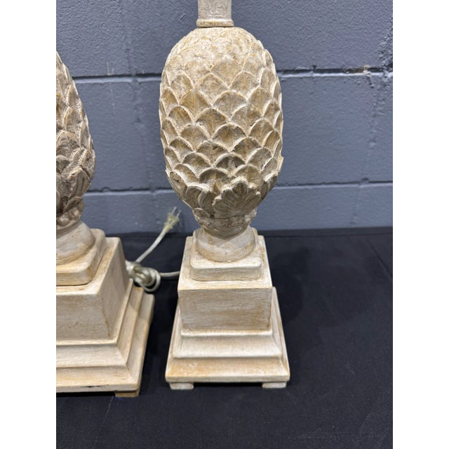 Hollywood Regency Pair Vintage Carved Wood Pineapple Lamps For Sale - Image 3 of 10