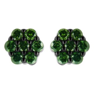 .925 Sterling Silver 4.0 Cttw Prong Set Round-Cut Treated Green Diamond Floral Cluster Stud Earring (Fancy Green Color, I1-I2 Clarity) For Sale