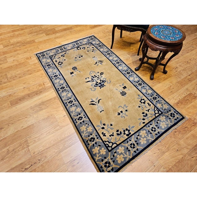 Art Deco Vintage Chinese Art Deco Rug, Hand-Knotted Wool, Tan & Blue, 1900s For Sale - Image 3 of 12