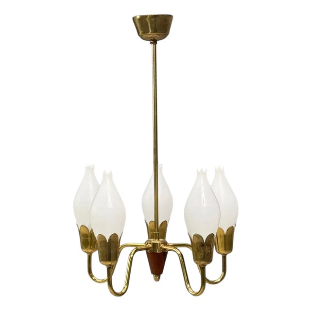 Fog & Mørup, Tulip Chandelier, Opal Glass, Brass, Teak, Denmark, 1960s For Sale