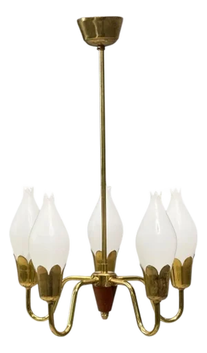 Fog & Mørup, Tulip Chandelier, Opal Glass, Brass, Teak, Denmark, 1960s