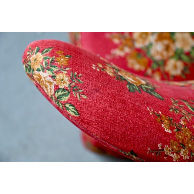 Cocktail Armchair with Red Floral Fabric and Compass Legs For Sale - Image 12 of 14