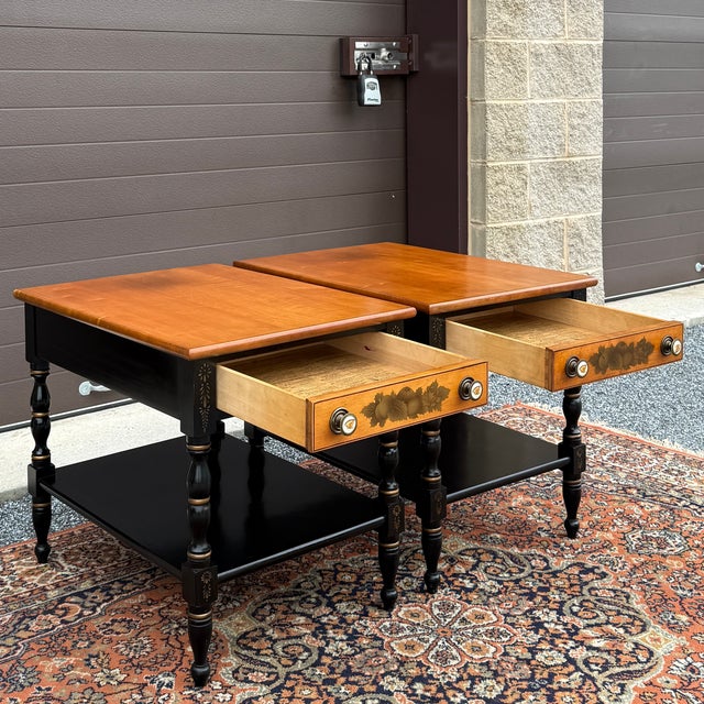 Wood Vintage L. Hitchcock Country Farmhouse Solid Maple 1 Drawer Side Tables in Black / Harvest Maple - A Pair For Sale - Image 7 of 17