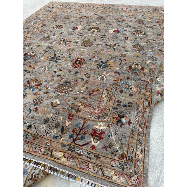 Camel Chobi Area Rug, Hand-Knotted Wool, Allover Floral, 9x12, Silver & Camel For Sale - Image 8 of 11