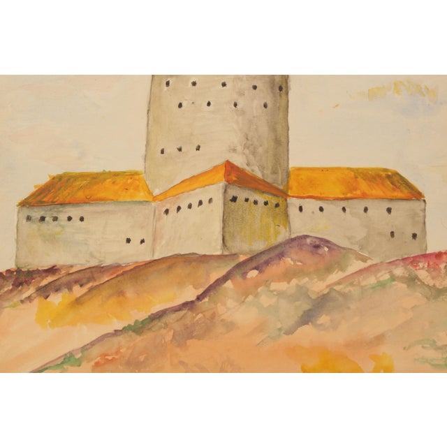 Paper Mid-Century Scandinavian Outsider Folk Art Original Watercolor Painting, Fortress Landscape For Sale - Image 7 of 10