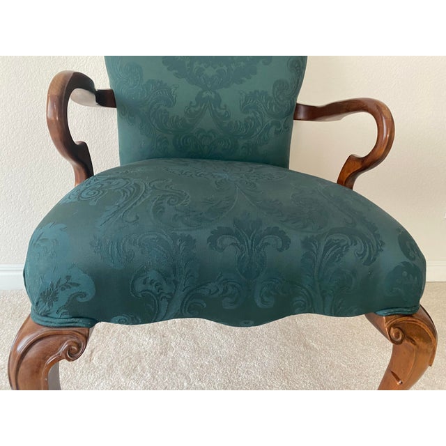 Pennsylvania House Late 20th Century Pennsylvania House Emerald Green Damask Style Upholstry and Carved Cherry Wood Dearborn Exquisitely Unique Chair Excellent Condition For Sale - Image 4 of 11