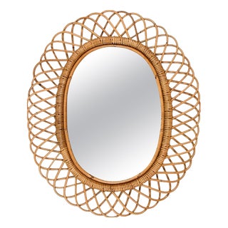 Large Oval Mirror in Bamboo, Rattan and Wicker by Franco Albini, Italy, 1970s For Sale