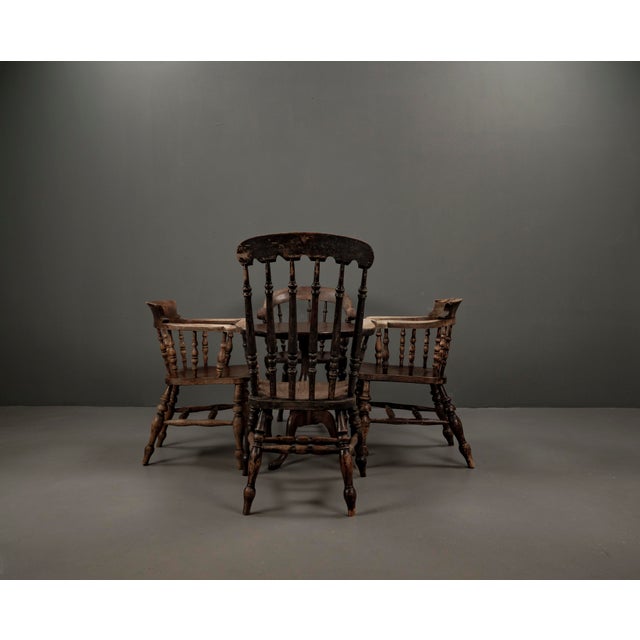 Victorian Oak Tilt-Top Table with Capitan Armchairs in Elm and Mahogany, England, 1890s, Set of 5 For Sale - Image 16 of 18