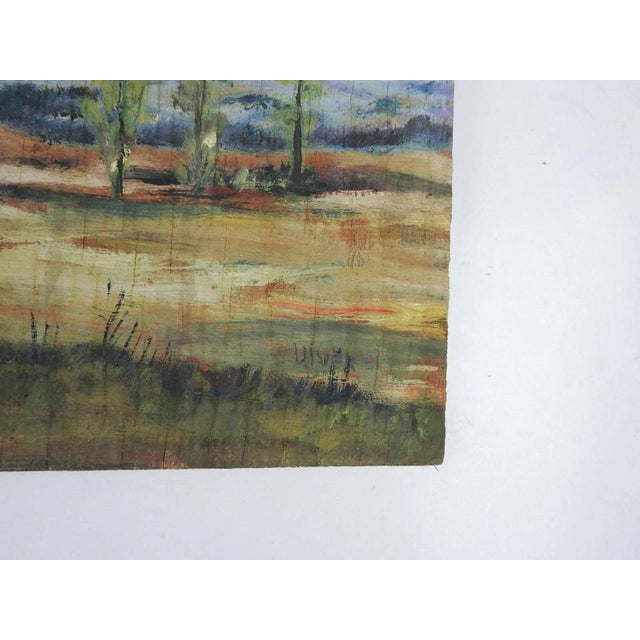 Vintage mid 20th century impressionist continental school oil on wood panel landscape with figures painting. Signed Ulver...