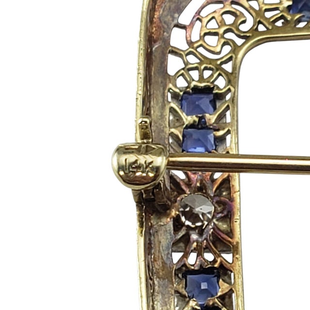 Mid 20th Century 14k Rhodium Finish Yellow Gold Sapphire and Diamond Filigree Brooch For Sale In New York - Image 6 of 8