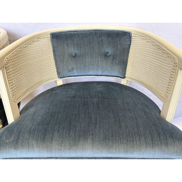 Wood 1960's Faux Bamboo and Cane Barrel Lounge Chairs With Blue Velvet Upholstery- A Pair For Sale - Image 7 of 18