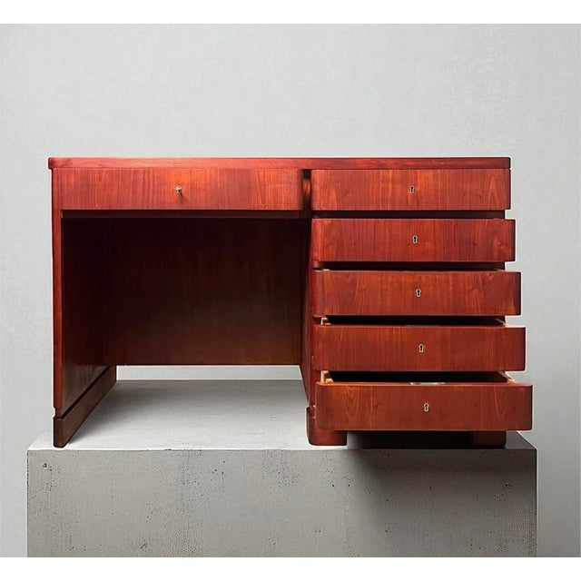 Rare art deco desk in elm wood | curved front | c. 1930s architectural vintage desk in glowing elm with sculptural...